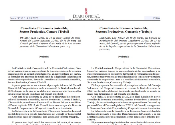 Es modifiquen alguns articles de la Llei de Cooperatives de la Comunitat Valenciana via Decret Llei